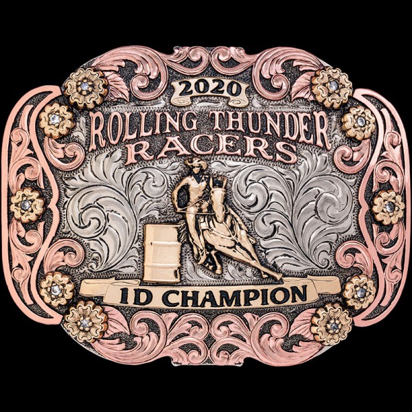 The Perry Custom Belt Buckle features an astonishing copper scrollwork frame and 10 bronze flowers and lettering. Personalize this unique western buckle today!